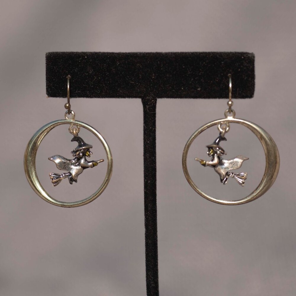 Vintage Halloween Witch Earrings | Goldtone Womens Holiday Jewelry Crescent Moon